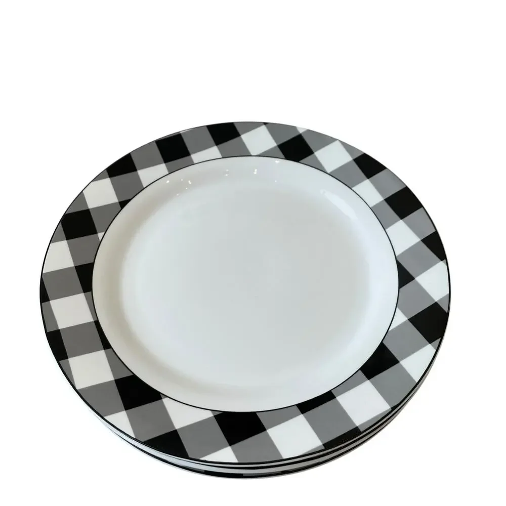 Godinger Black White Checkered Gingham Porcelain Dinner Plates 10.5